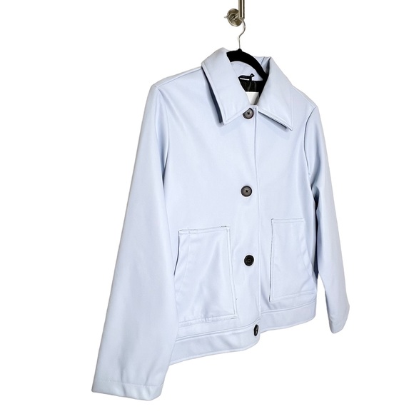 NVLT Women’s Vegan Leather Collared Trucker Jacket in Blue Size Small Petite - Picture 3 of 5